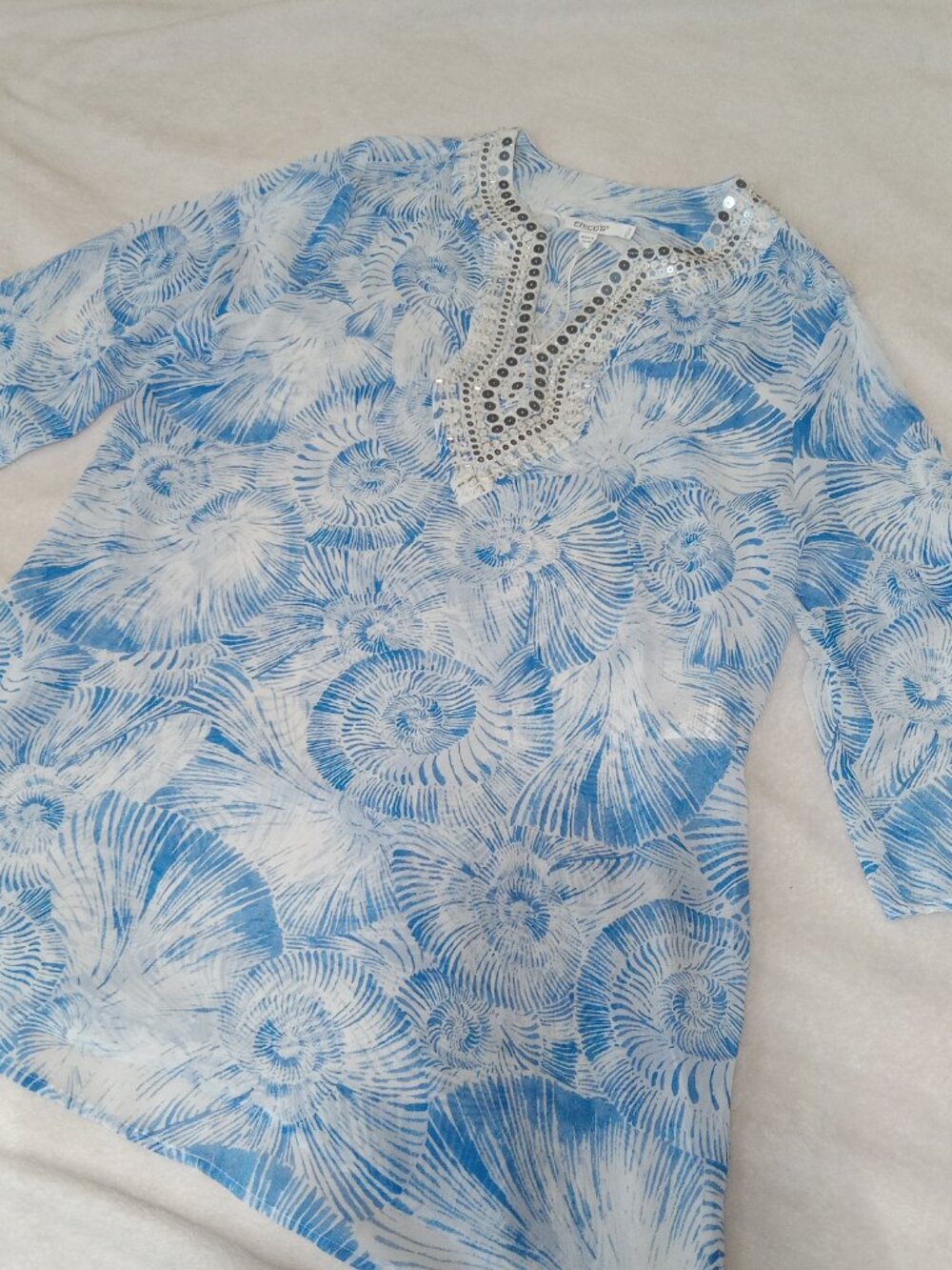 Chico’s Nautilus Swirl Georgette Tunic Top Blue Beaded Kurta 3/4 Sleeve Size L - Picture 8 of 13